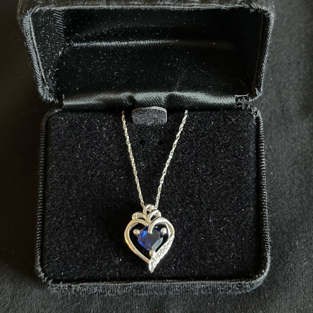 Sterling Silver Heart Pendant with Simulated Sapphire Stone